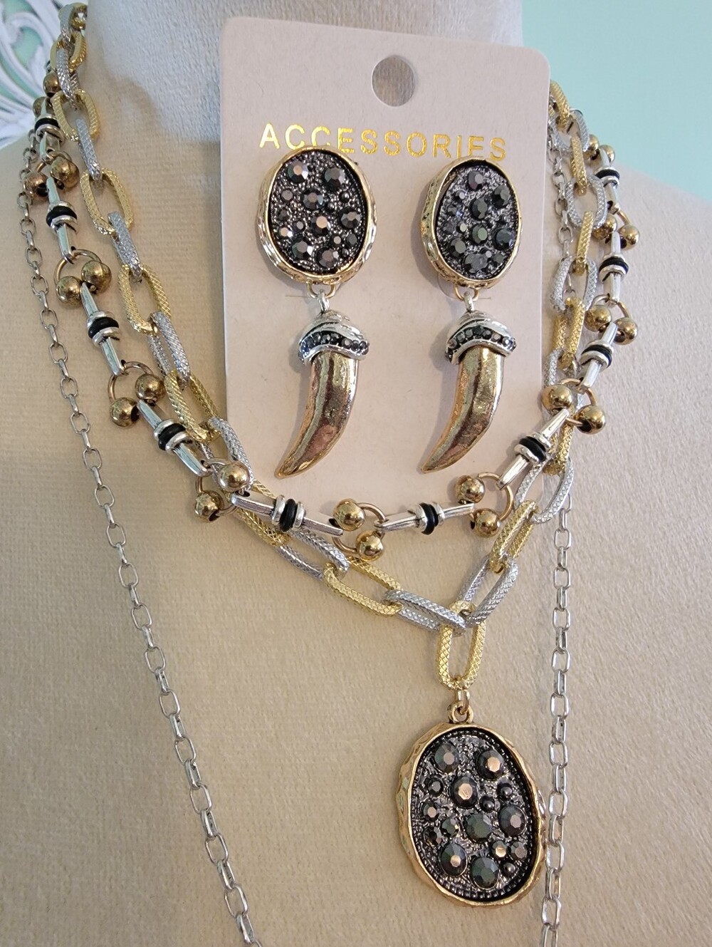 Accessorize Two-Tone Gold & Silver Multi-Layer Necklace with Drop Earrings